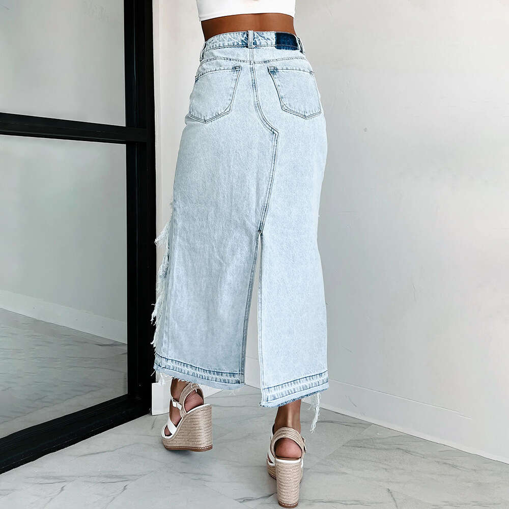 Summer High Waist Irregular Frayed Distressed Washed Denim Split Bodycon Skirt B5