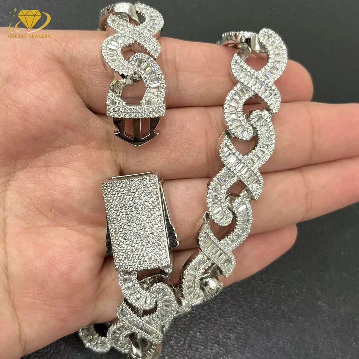 Hot Sale Real Gold Plated 925 Silver Iced Out Hip Hop Baguette Moissanite 20mm Infinity 8 Cuban Link Chain Necklace for Men