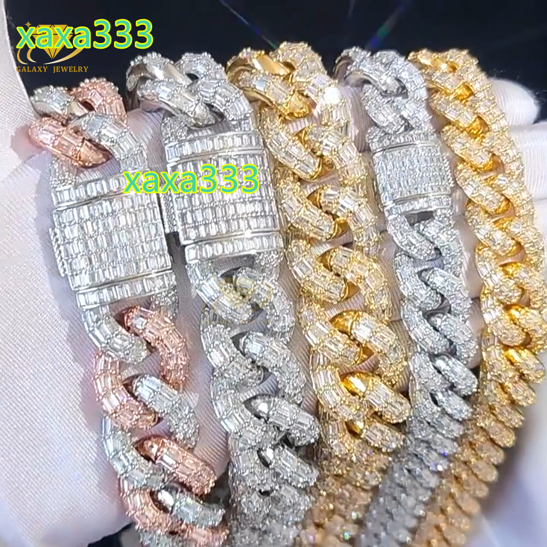 Trendy Mens Jewelry Miami Heavy Cuban Link Chain 20mm Bling Iced Out Moissanite Baguette Diamond Cuban Bracelet Necklace