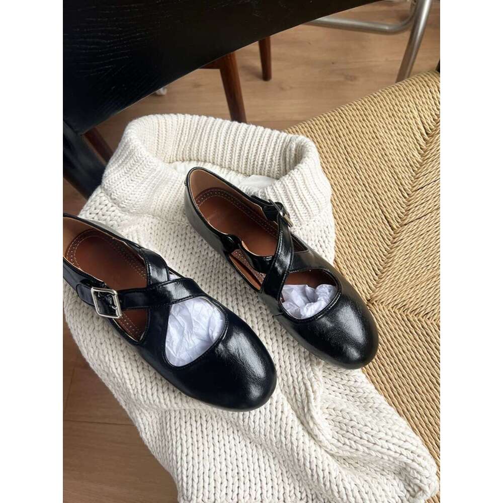 Genuine Leather Niche Silver Fashion Ballet Flats Round Toe Shallow Mouth Cross Strap Mary Jane Shoes for Women Summer Autumn