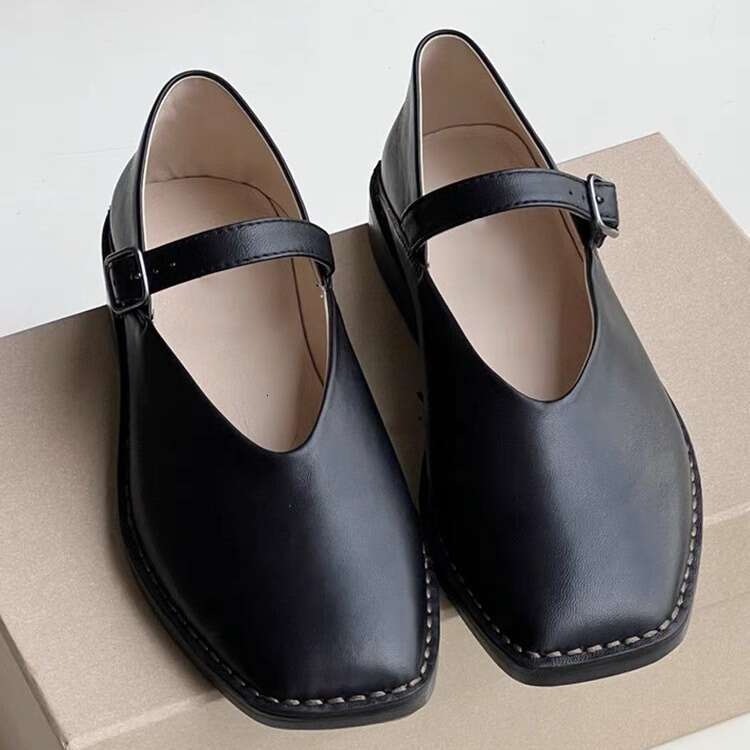 Genuine Korean Style Square Toe One-Strap Buckle Mary Jane Women 2024 New Versatile Flat Shallow Mouth Small Leather Shoes