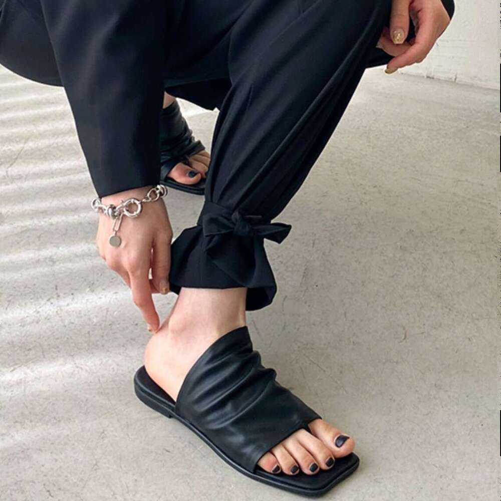 Korean Style Genuine Square Backless Simple Soft Leather Women's Outdoor Fashion Summer New Beach Toe Post Sandals