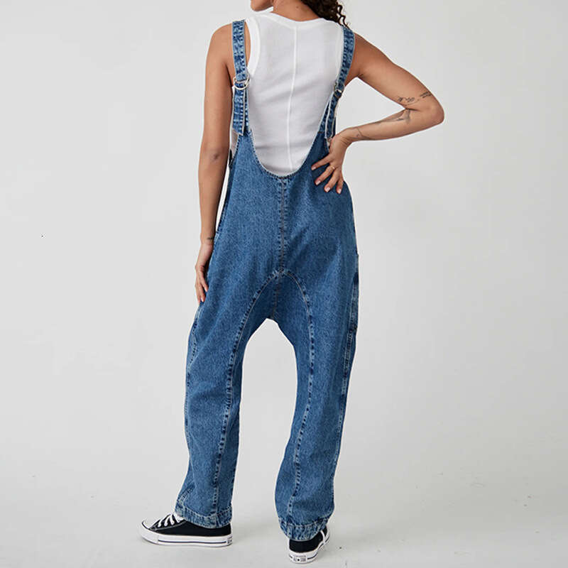 Autumn Winter Quick Buy New V-Neck Pocket Adjustable Strap Denim Jumpsuit B5