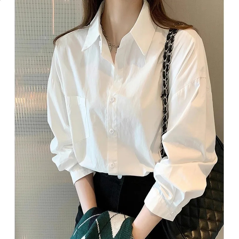 White Blouse Ladies 2023 Autumns Koreanstyle Longsleeved Casual Office Lady Shirt Loose Women Clothes Top Simple Shirts 250529Z