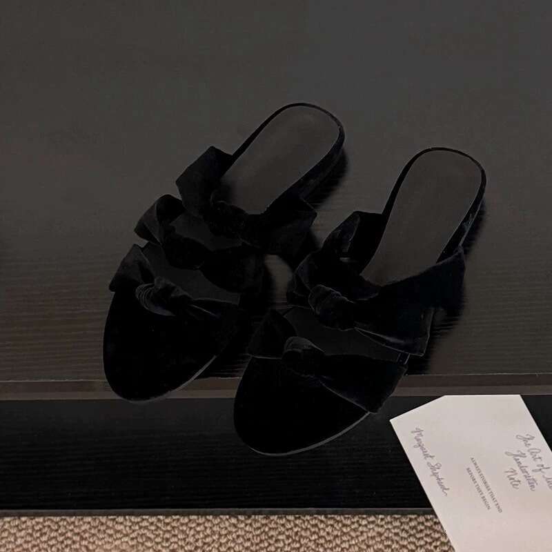 Sheepskin Version ~ Korean Style Velvet Flat One-Strap Knotted Open-Toe Sandals for Women Outdoor 2025 Summer Slippers