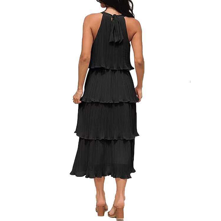 DHCollections Women Sleeveless Halter Neck Tiered Chiffon Maxi Dress with Ruffles and Flowing Skirt
