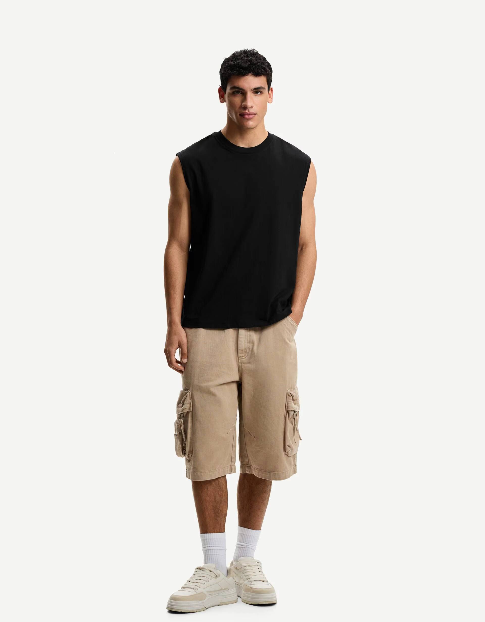 Summer Logo Gym Cut Sports Heavyweight Sleeveless T-Shirt Men's 100% Cotton Solid Black Vest