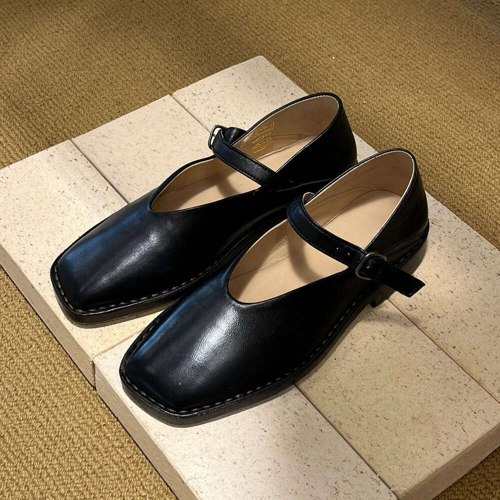Genuine Korean Style Square Toe One-Strap Buckle Mary Jane Women 2024 New Versatile Flat Shallow Mouth Small Leather Shoes