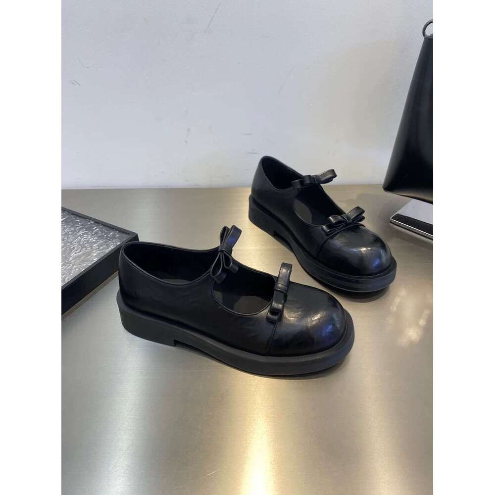Genuine Leather Double Bowknot Shallow Mouth Thick Sole Round Toe Women's Shoes 2025 Spring Summer Chunky Heel Mary Jane Loafers