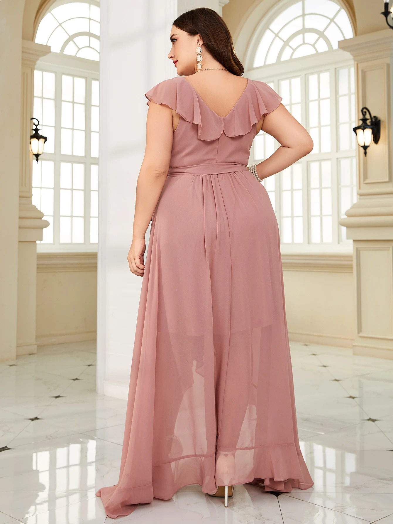 Unithorse Plus Size Women Summer Asymmetric Ruffle Lace Dress With Waist Belt Elegant Chiffon Formal Bridesmaid 250517