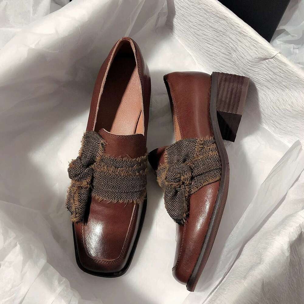 Genuine Artistic Style Square Toe Chunky Heel Loafers for Women 2025 Spring New Bowknot Small Leather Single Shoes