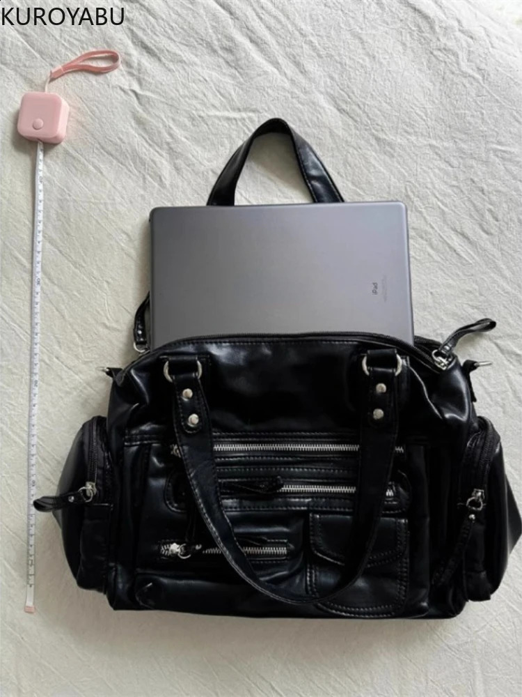 Retro Tote Bag Motorcycle Bag Soft PU Leather Large Capacity Shoulder Bags Women Y2K Punk Zipper Pocket Fashion Crossbody Bag 250523