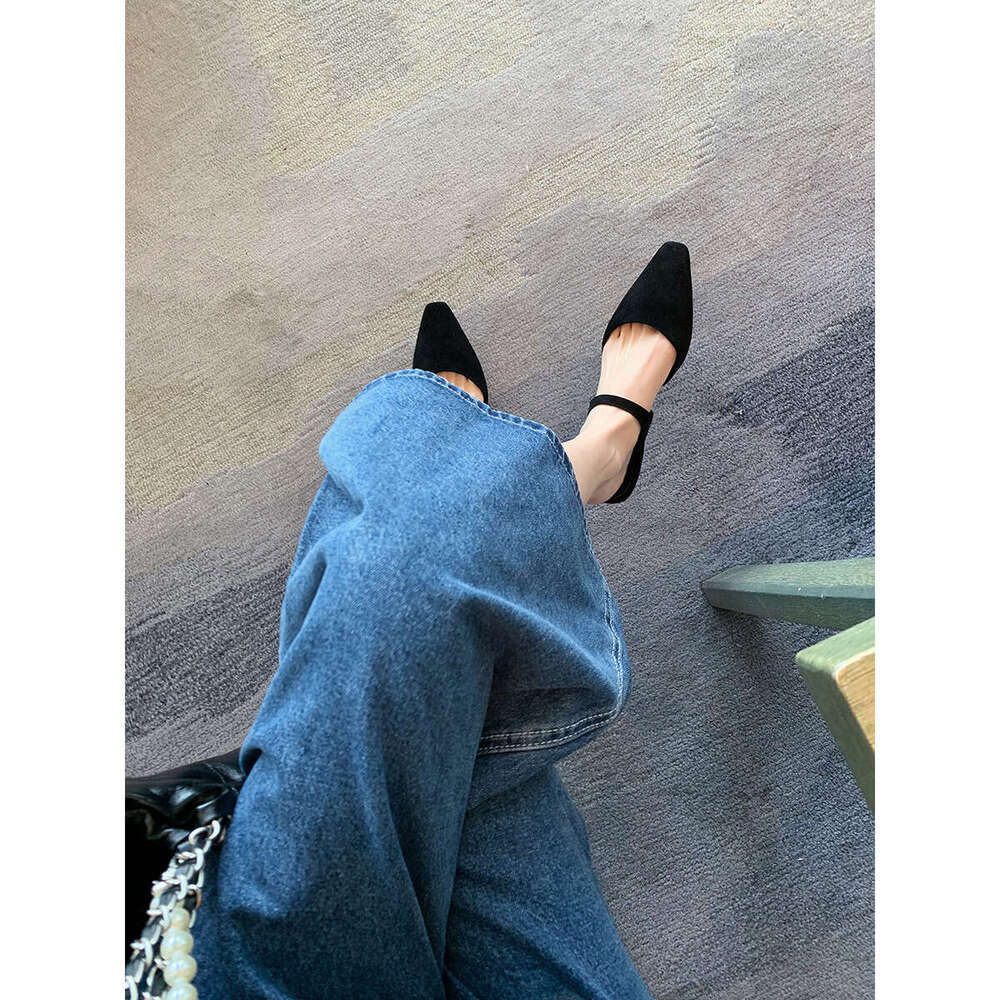 Baotou Half Slippers for Women 2023 New Summer Flat Pointed Genuine Leather Suede Mary Jane Shoes