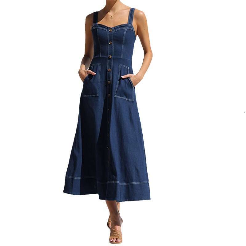 Autumn Winter Vintage Style Button Denim Long Dress With Straps B5