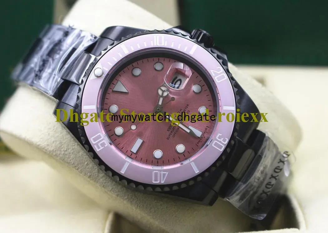 2 style Wristwatches Mens Automatic Pink Dial Watch Men Golden Ceramic Bezel Dive Chronometer Crystal Black Pvd Steel Luminous Crown 116610 date Watches
