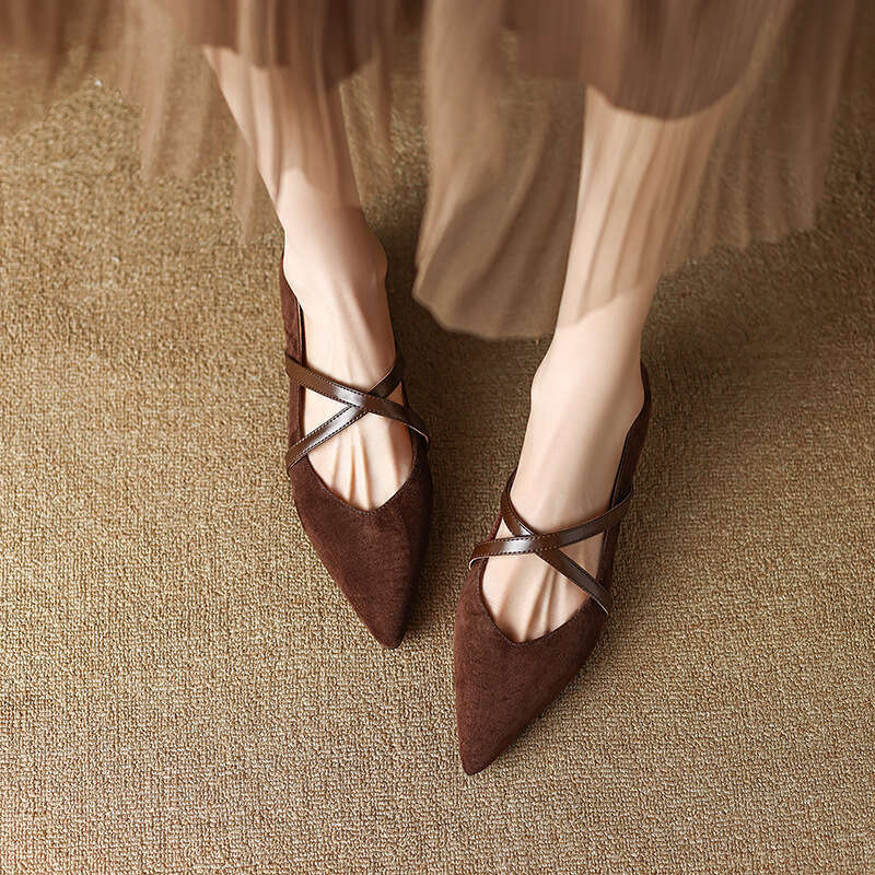 Chengdu Style ~ Pointed Toe Cross Strap Mary Jane Women's Spring Summer Genuine Leather Suede Shallow Mouth Single Shoes
