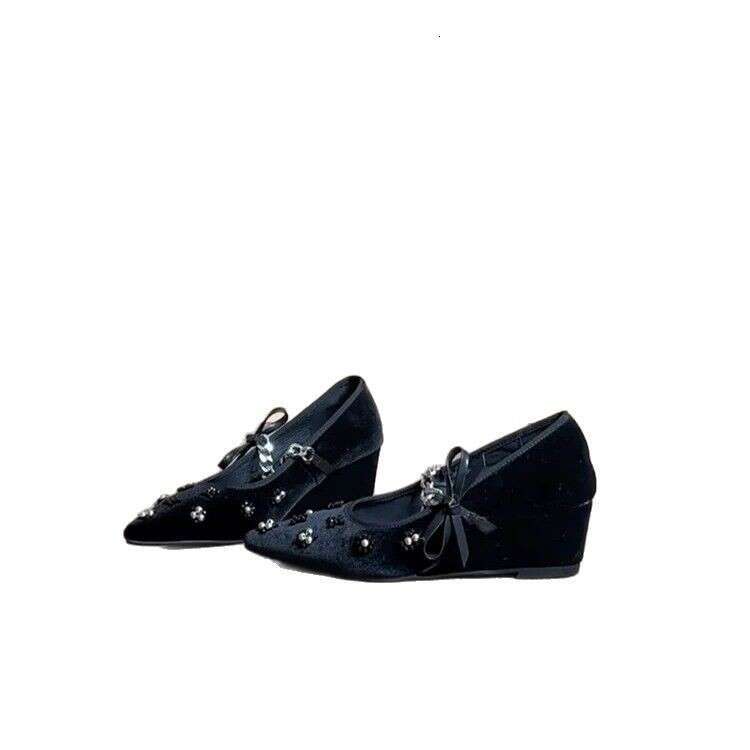 Genuine Leather Velvet French Style Shallow Pointed Toe Wedge Metal Strap Mary Jane Shoes for Women 2025 Spring High Heels