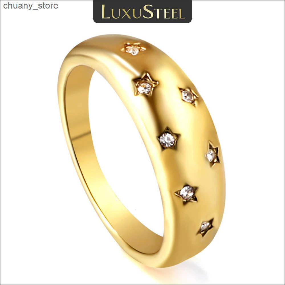LUXUSTEEL Chunky Stainless Steel Stars Crystal Rings for Women Girls Gold Plated Vintage CZ Zircon Finger Ring Retro Jewelry z250529HEUD