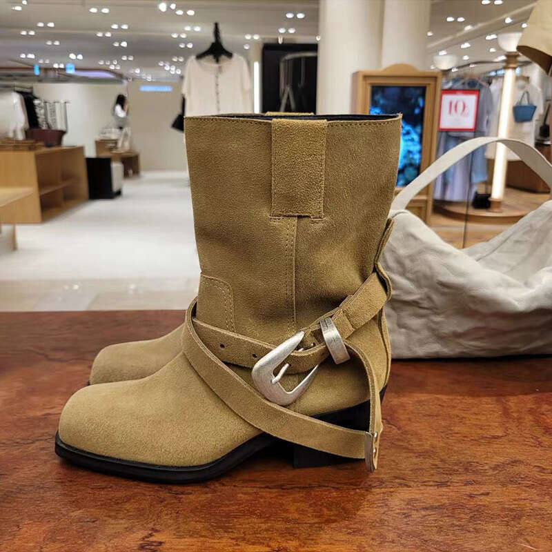 Korean Style Niche Cross Strap Suede Chunky Heel Square Toe Western Cowboy Belt Buckle Martin Short Mid-Calf Boots for Women