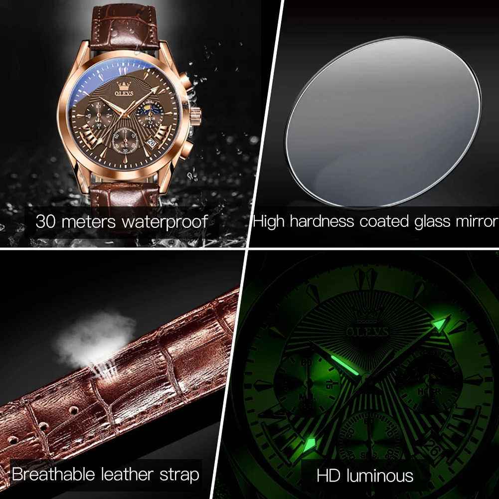 OLEVS Original Mens Watches High Quality Waterproof Quartz Watch for Men Fashion Leather Strap Man Wristwatch 250603