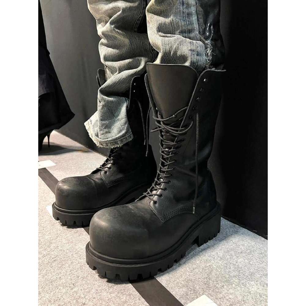 Genuine Leather Super Cool Chunky Martin for Women Round Toe Elevated Mid-Calf Unisex Heel Height Increasing Thick Sole Lace-Up Boots