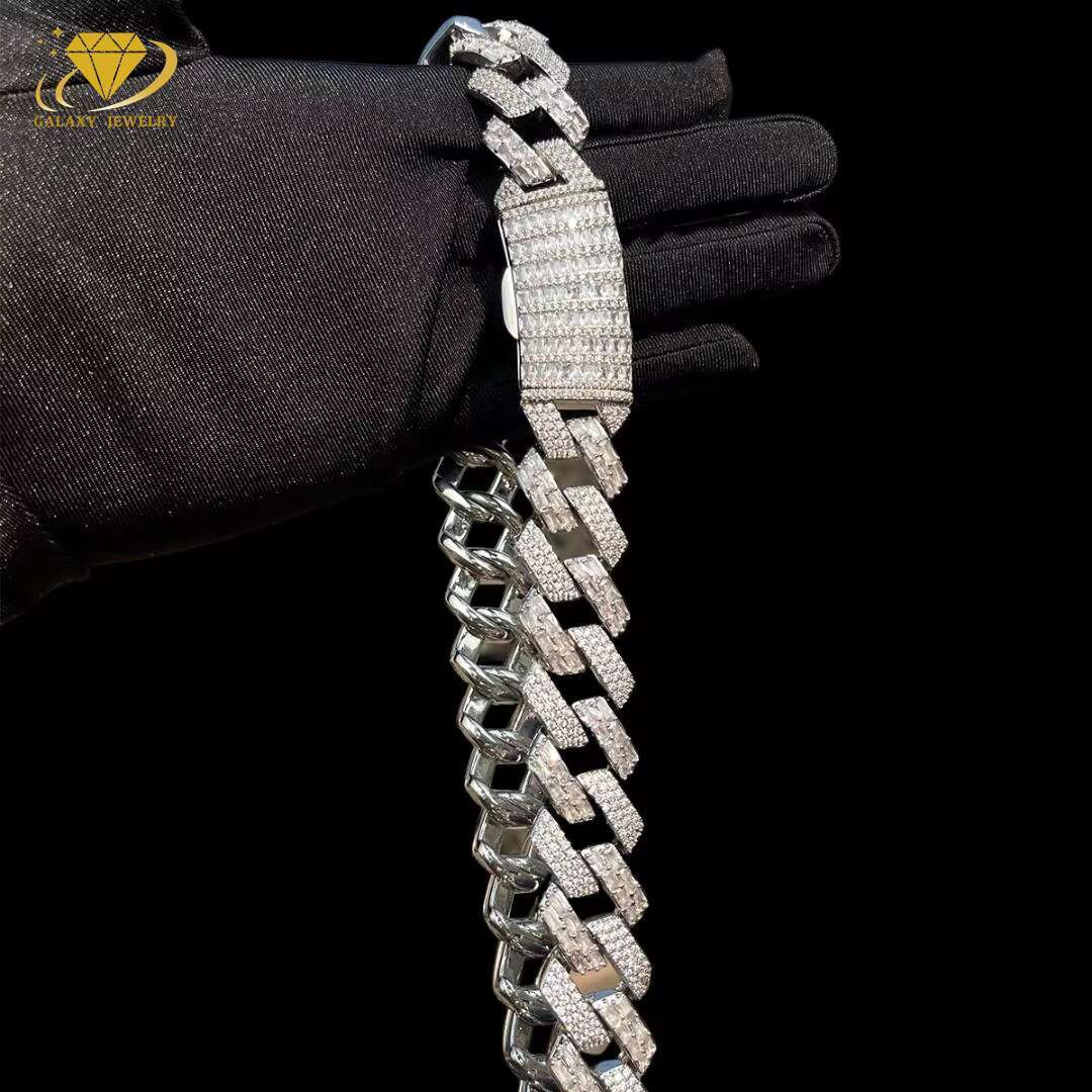 Popular 15mm Moissanite Diamond Round Cut Baguette Clasp Iced Out Bling Hiphop 925 Sterling Silver Cuban Link Chain Necklace