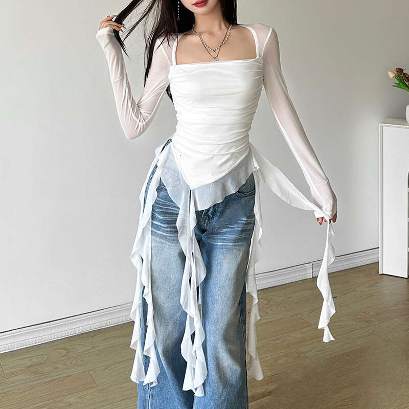 Autumn New Women's Fashion Sexy Square Neck Sheer Slim Fit Top With Ruffle Irregular T-Shirt B5