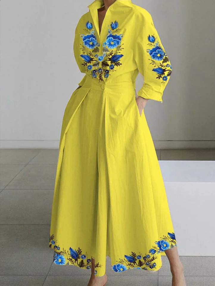 PLUS SIZE Floral Printed Shirt Dress Turn Down Collar ALine Casual Plus Size 34 Sleeve Fashion Retro Streetwear Dresses 250517