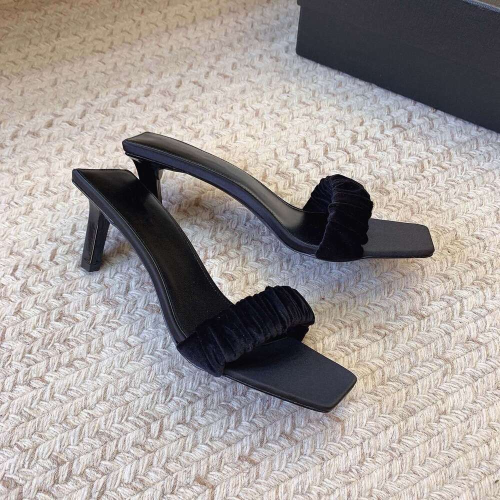 French Style Velvet Pleated Fashionable Square Stiletto Open Toe Sandals for Women Summer High Heels