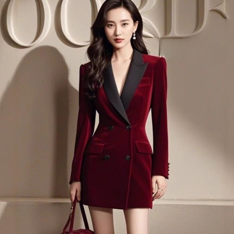 Spring Fall Women Double Breasted Patchwork Wine Red Slim Velvet Blazer Dress Woman Elegant Velour Blazers Dresses 250517