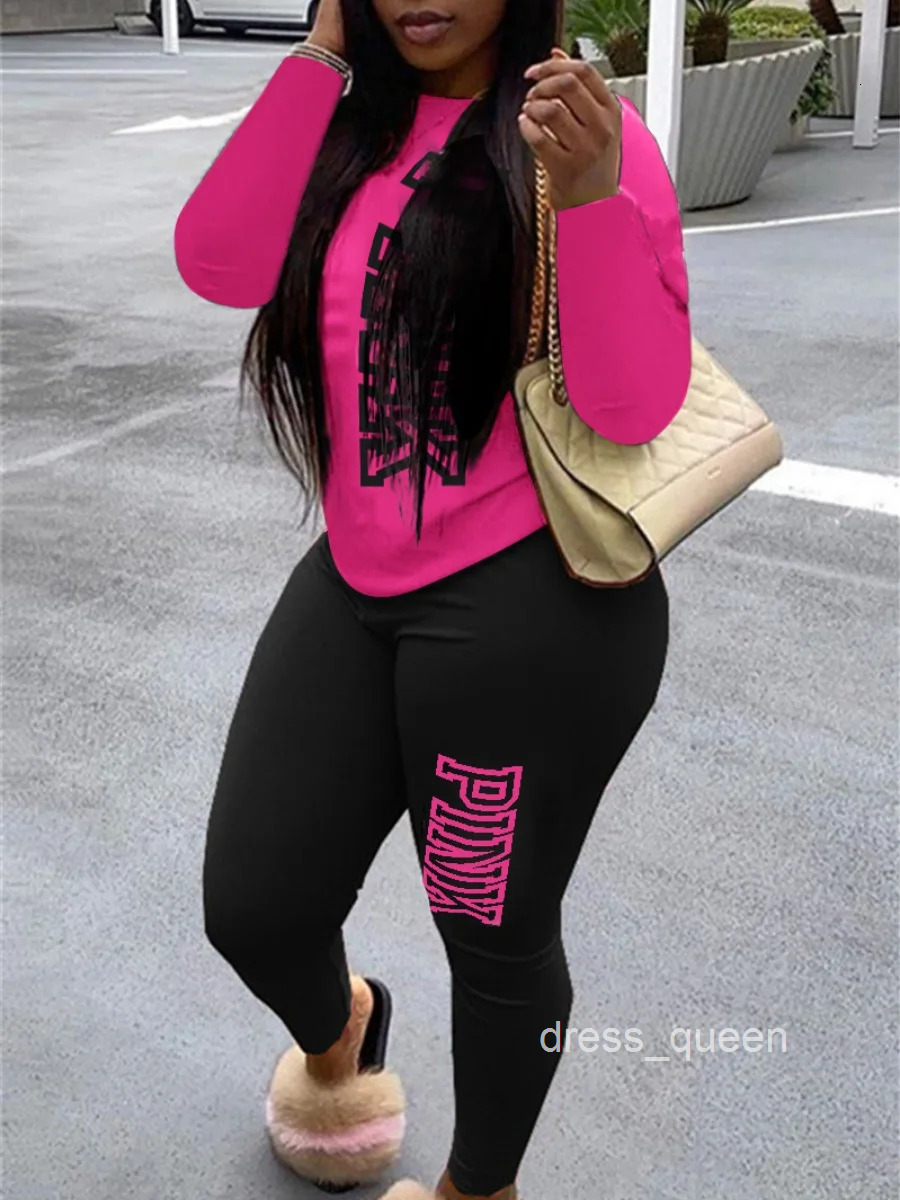 Fashion Women Autumn Winter Pink Letter Print Long Sleeve Hoodies 2 Pieces Casual Track Suits Pants Set