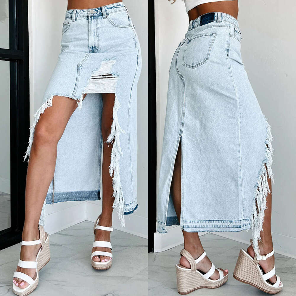 Summer High Waist Irregular Frayed Distressed Washed Denim Split Bodycon Skirt B5