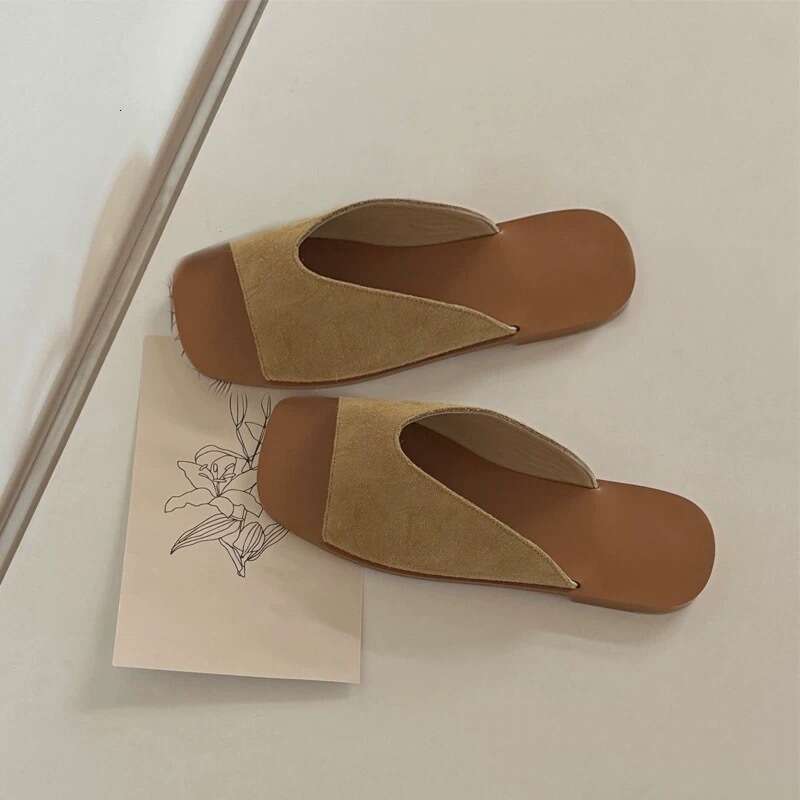 Korean Style Niche Simple Genuine Leather Suede Open-Toe Square Toe Slippers for Women Outdoor Summer New Flat Sandals