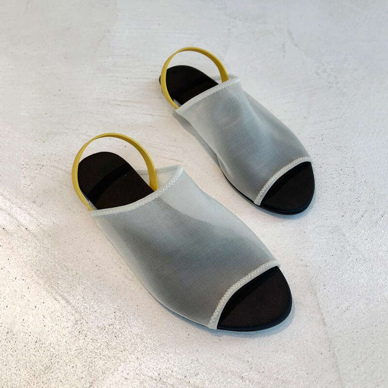 Niche Design Mesh Semi-Transparent Breathable Flat Back Strap Sandals for Women Summer New Open-Toe Half Slippers