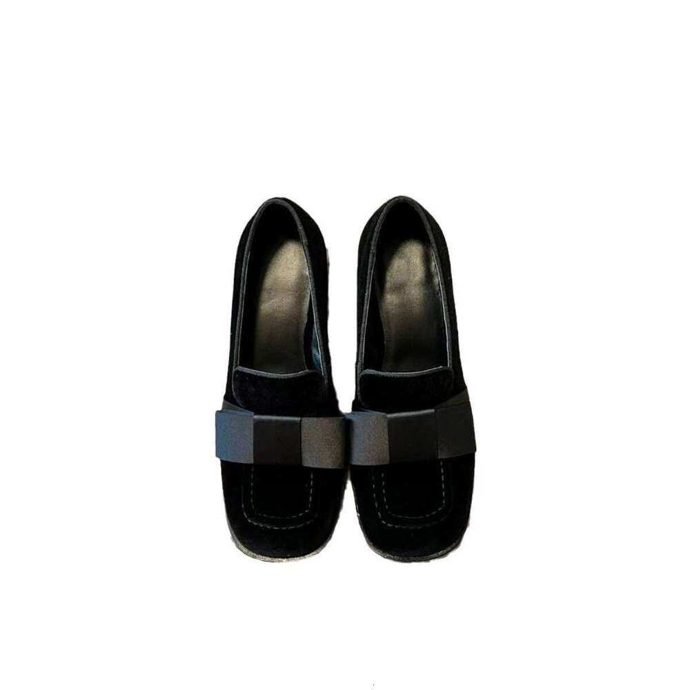 Genuine Leather Suede Melard Square Toe Chunky Heel Loafers for Women Spring and Autumn New High-End Single Mary Jane Women's Shoes