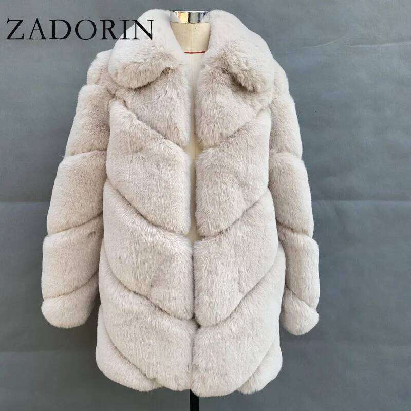 ZADORIN Winter Fashion Long Faux Rabbit Coat Turn Down Collar Fluffy Warm Fake Fur Coats and Jackets Women Jacket
