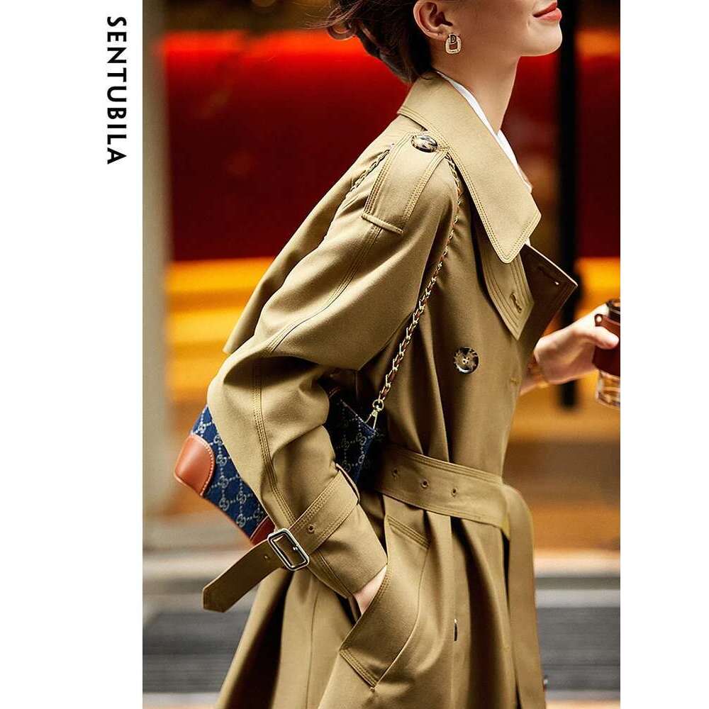 SENTUBILA Women's Belted Trench Coat Elegant Long Windbreaker Jacket Autumn Winter Double Breasted Maillard Outerwear 123F42871