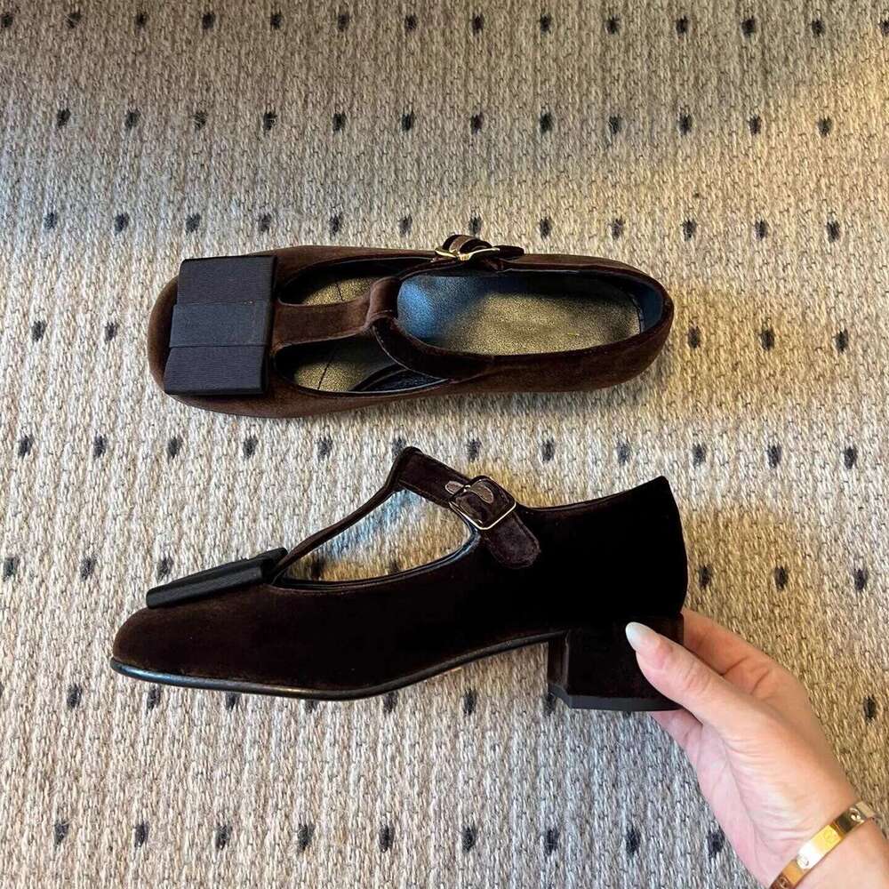 French Style Genuine Leather Square Toe Mary Jane with One-Strap Buckle for Women, Spring and Autumn New Thick Heel T-Strap Bowknot Shoes