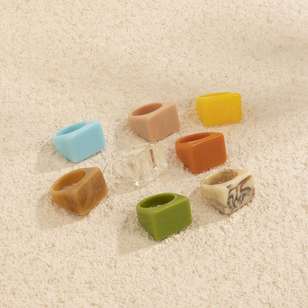 Creative Geometric Square Wide Edge Simple Fashion Colorful Resin Plain Band Ring