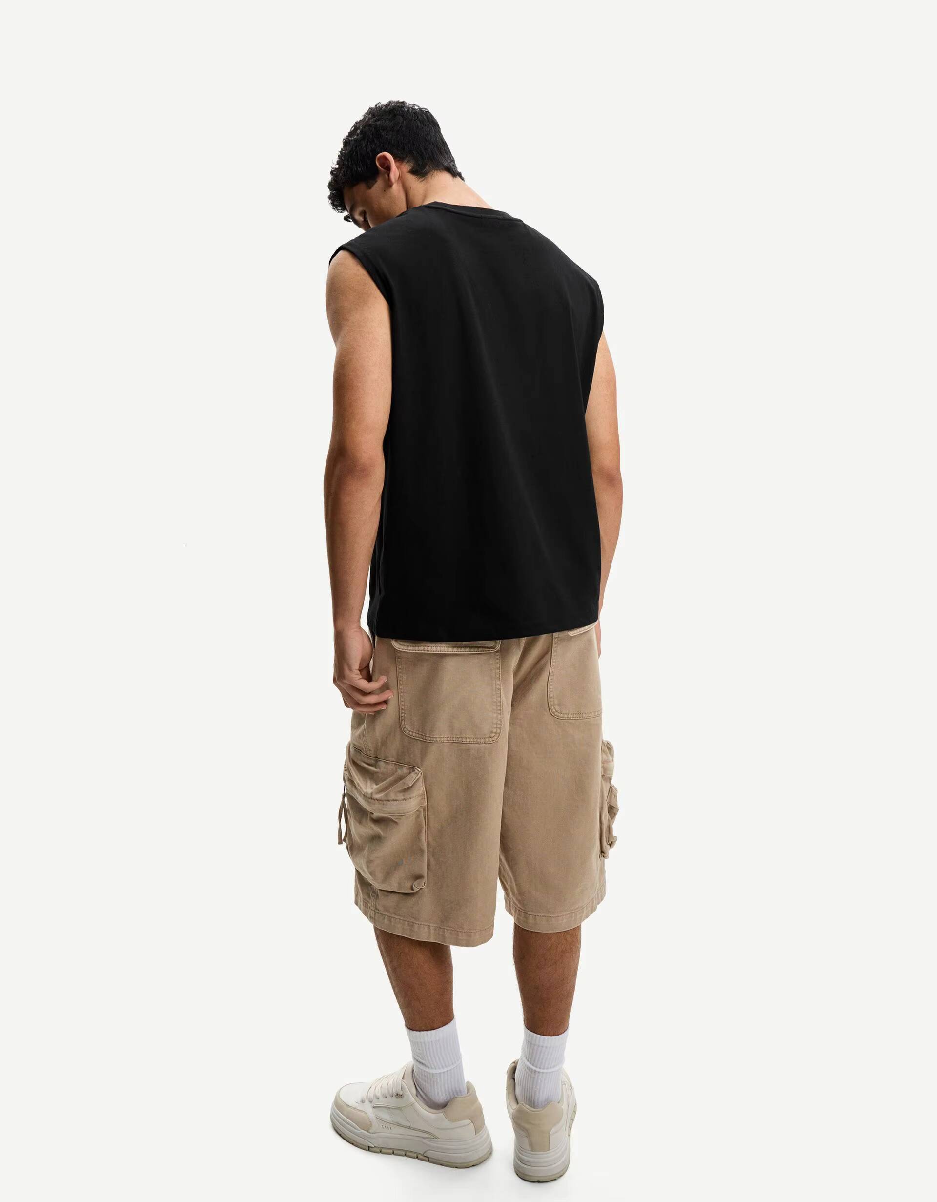 Summer Logo Gym Cut Sports Heavyweight Sleeveless T-Shirt Men's 100% Cotton Solid Black Vest