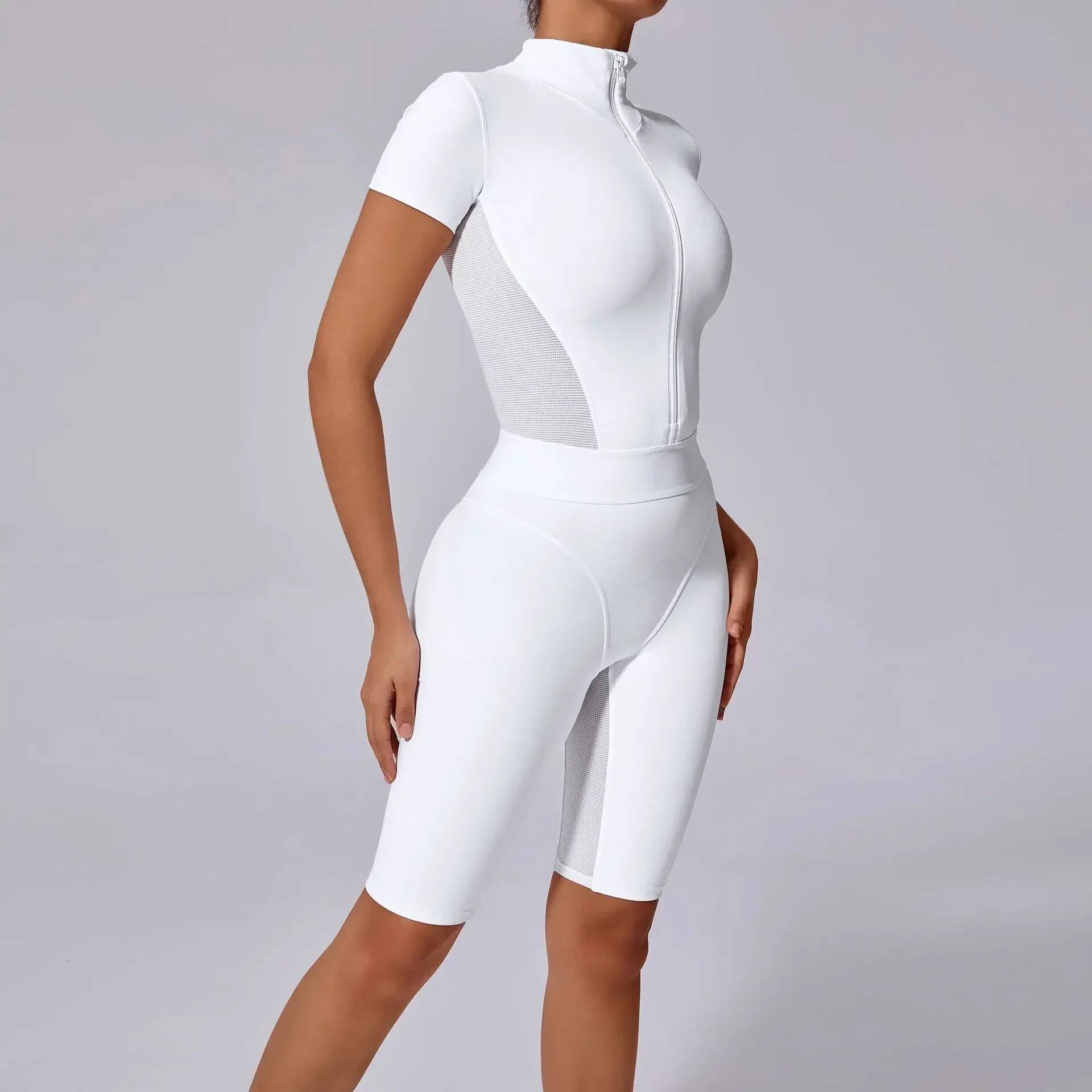 Seamless Jumpsuits Sports Fiess Hip-lifting Tights Short Sleeve Zipper Yoga Workout Gym Leggings Sportswear for Women