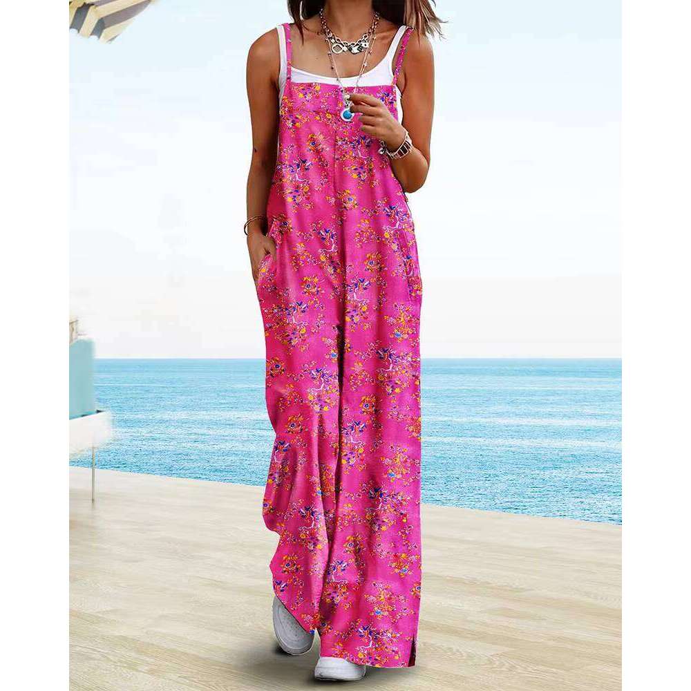 Tad Women's Summer Bohemian Casual Wide Leg Cargo Pants with Print and Pockets Loose Jumpsuit