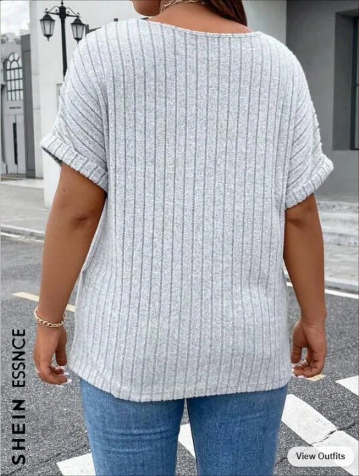 Womens Plus Size Solid Ribbed Zipper Short Sleeve Round Neck Slight Stretch Top 250520