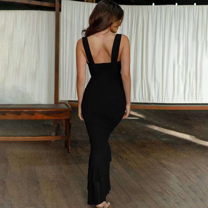 DHCollections Women Solid Color Tight Pleated Halter Maxi Dress Sexy Bodycon Summer Evening Wear
