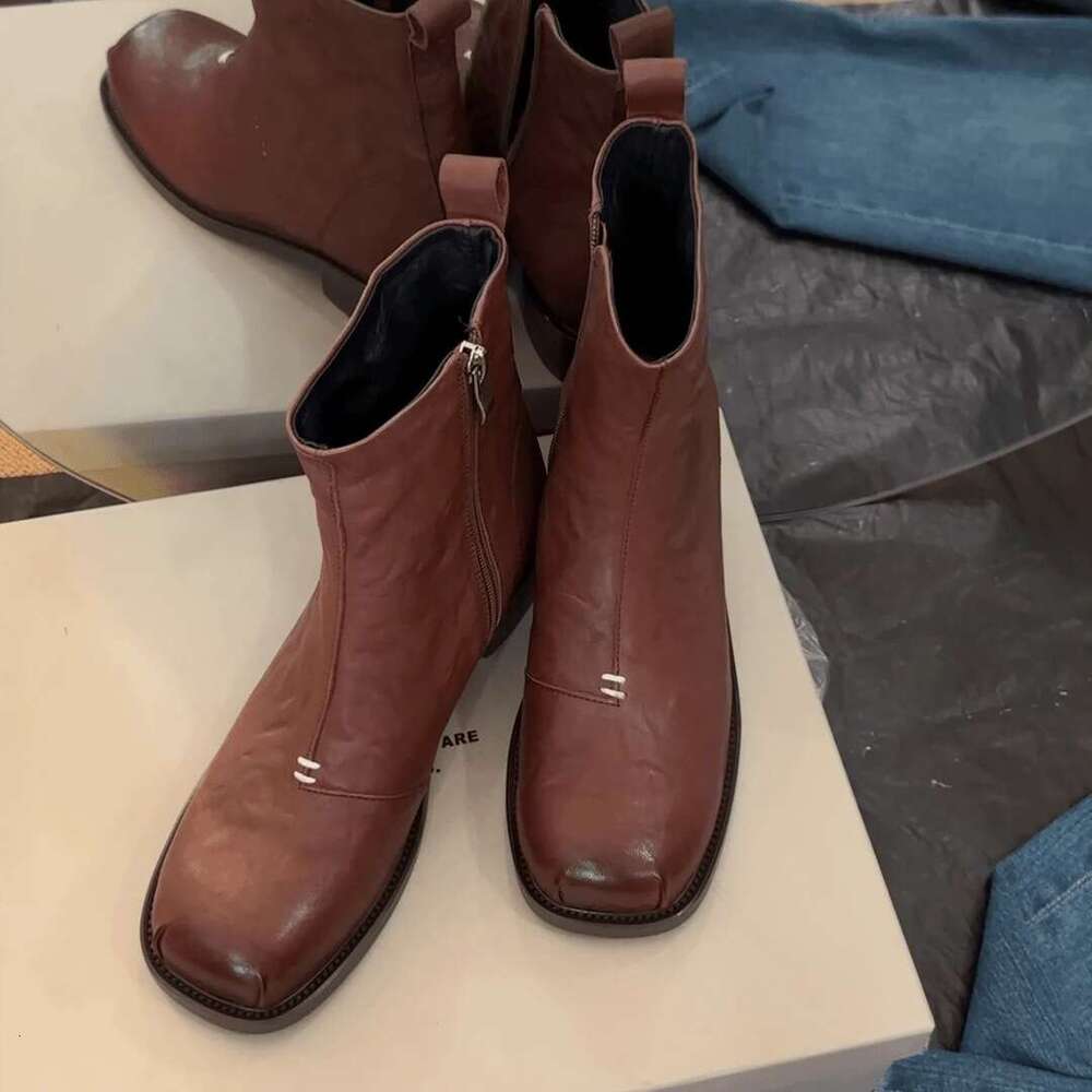 Korean Versatile Square Toe Chelsea Slim for Women 2024 Autumn Winter Thick Heel Platform Side Zipper Martin Boots