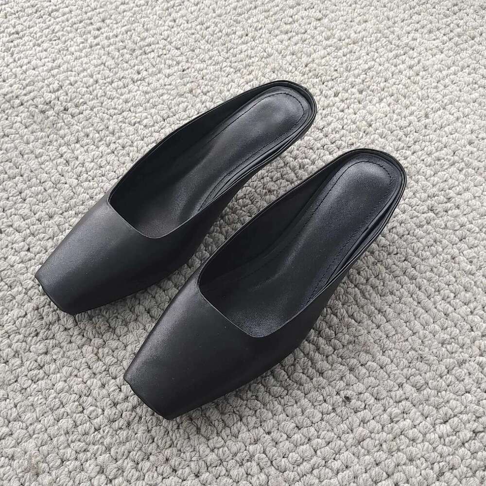 Genuine Leather French Square Toe Cat for Women 2025 Spring Summer New Fashion Thin Heel Mules Sandals