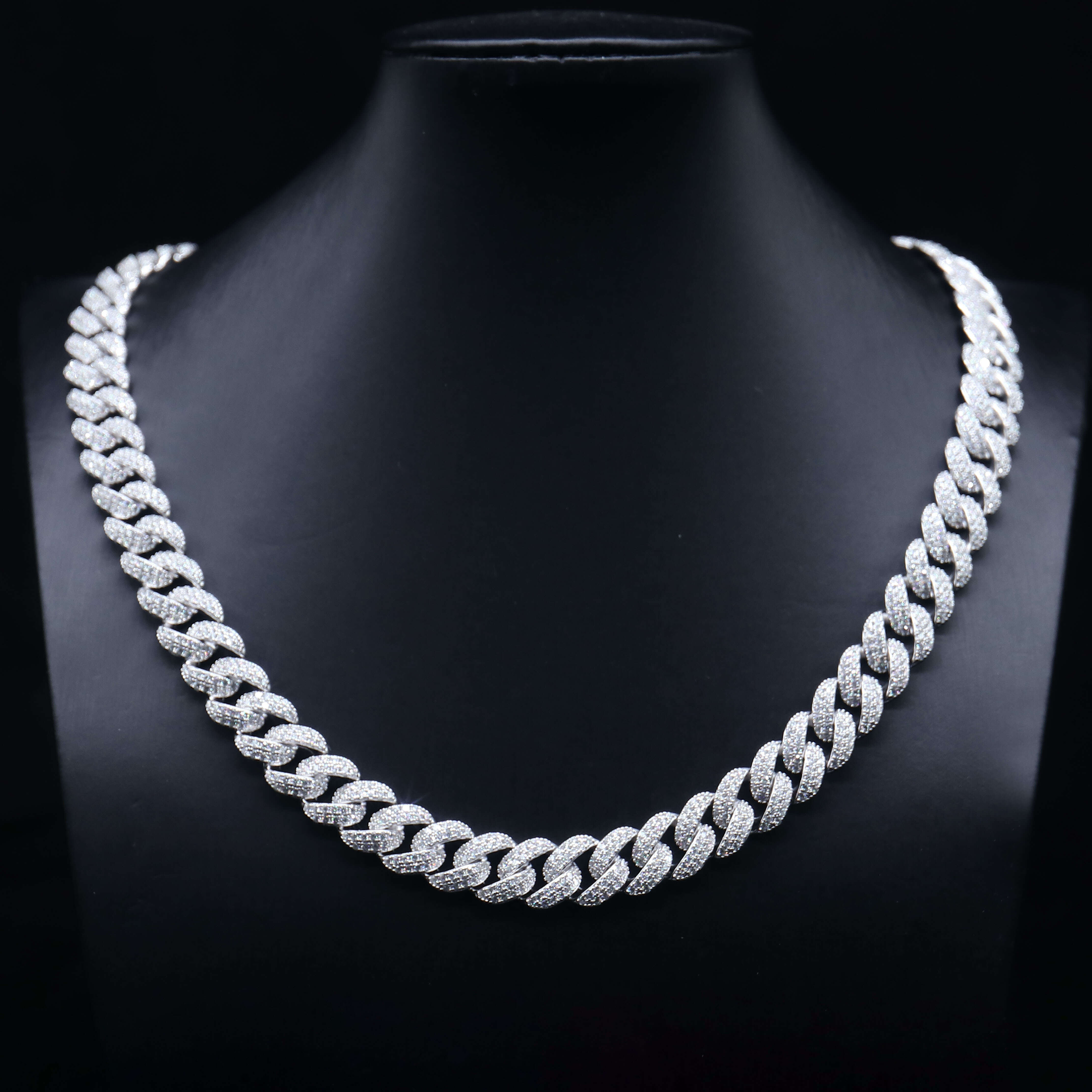 Factory Direct Sale Custom Cuban Link Chain Hip-hop Rap Style Necklace 10mm 925 Silver with Moissanite 2 Rows of Stones Gift