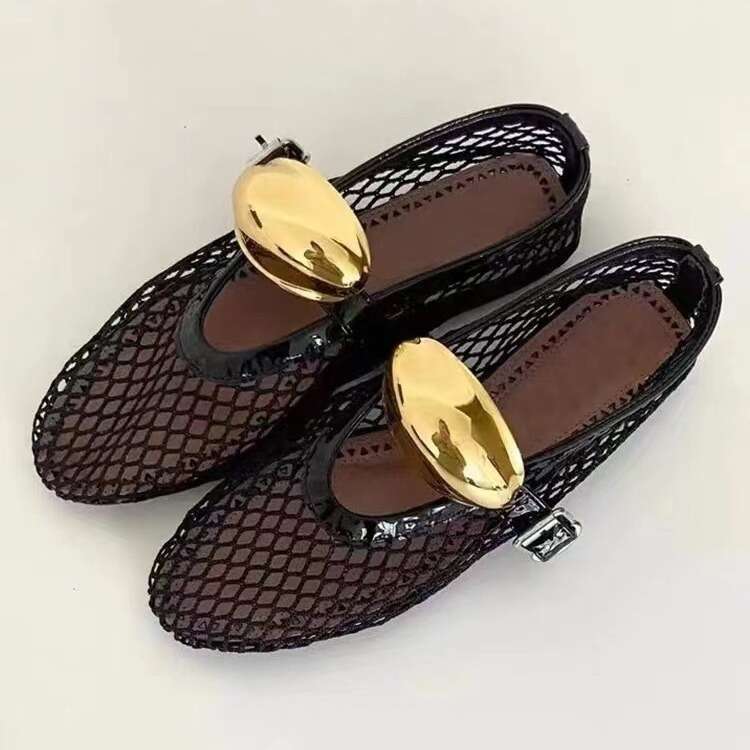 Red Metal Buckle Fishnet Hollow Flat Ballet One-Strap Mary Jane Women's Spring Summer Style Single Shoes Sandals
