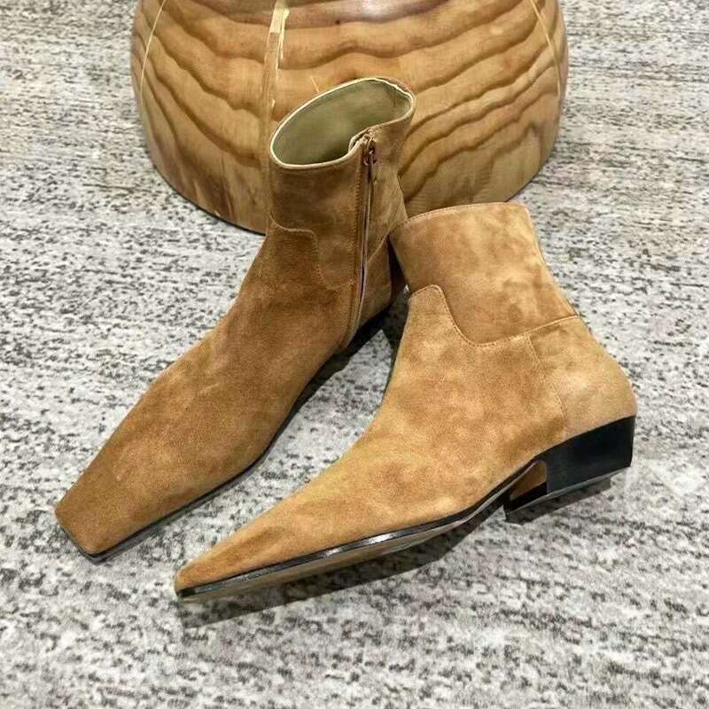 Korean Style Melard Side Zipper Suede Square Toe Slim Short Autumn Winter Fleece Lined Low Heel Martin Women Boots