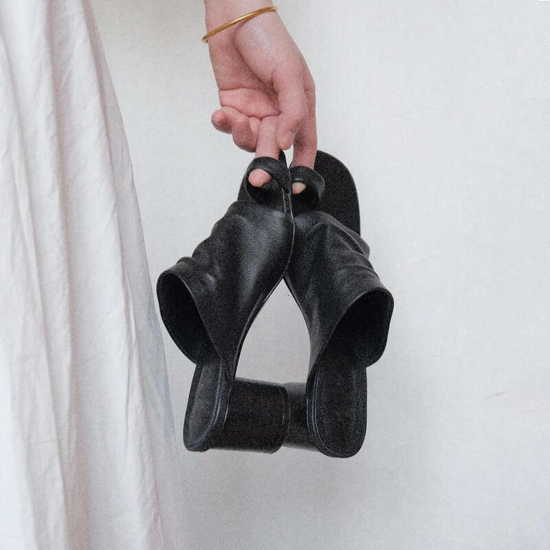 Genuine Leather Korean Style 2024 Summer New Square Toe Folded High Chunky Heel Sandals for Women Fashionable Outdoor Slippers